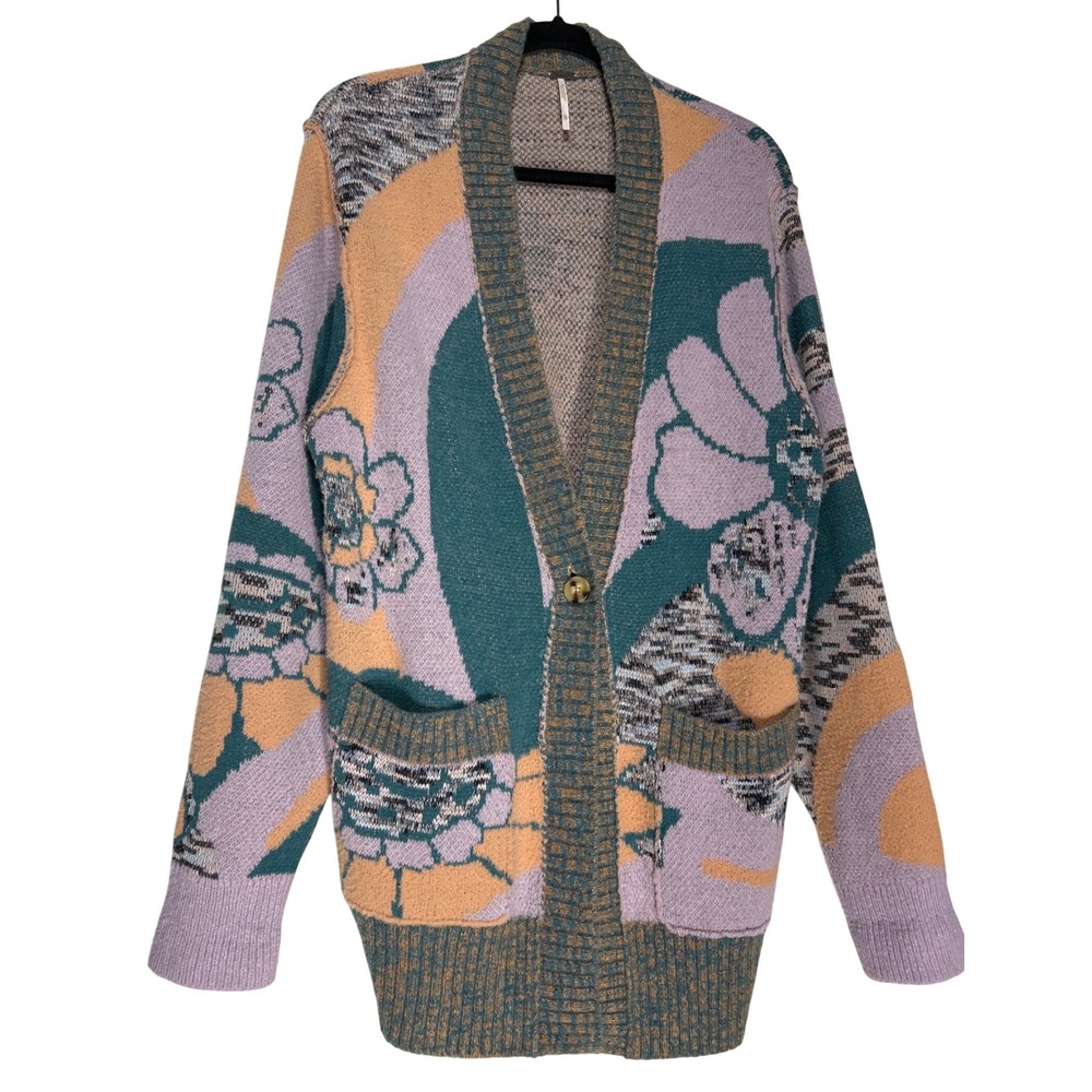 Free People Winter Sun Oversized Floral Cardigan Sweater Teal Lavender XS